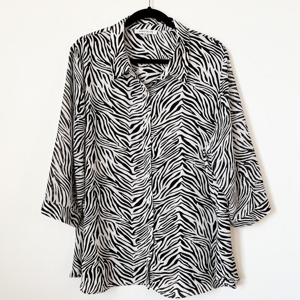 Rose + Olive‎ 2X Zebra Print Lightweight Button Up Blouse